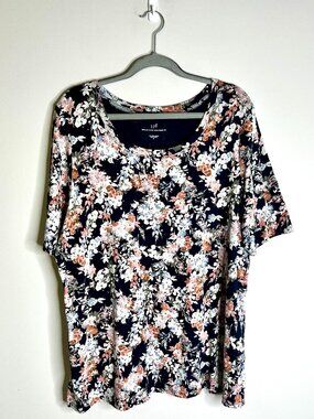 J. Jill 100% Pima Scoop-Neck Elbow-Sleeve Tee Navy Floral Spring Preppy Sz XL